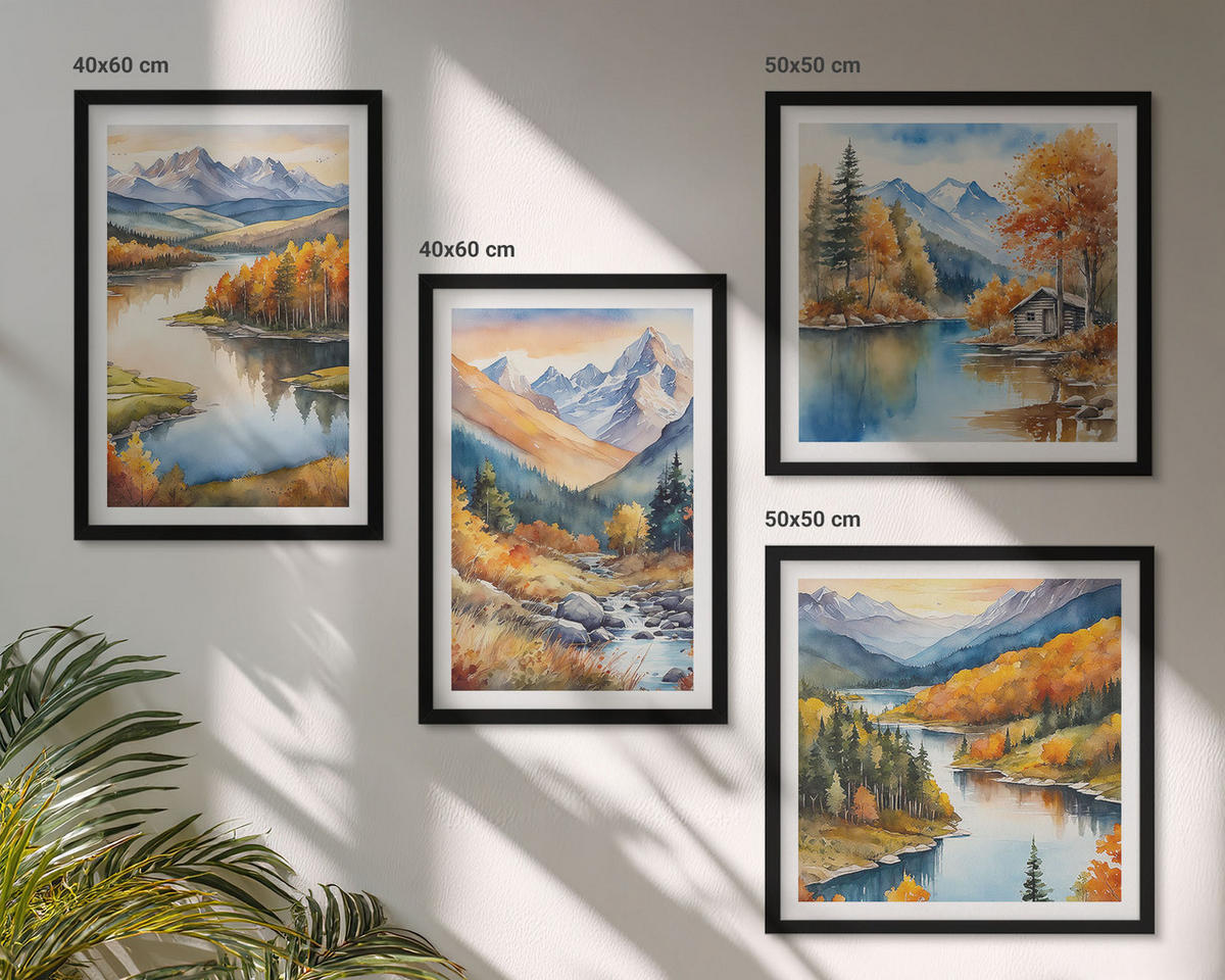 WANDBILDER 4er-Set - 50x50 cm & 40x60 cm Schwarzer Rahmen - Bergblick, Fluss, Herbst - Schwarz, Kunststoff (50/50cm) - ArtPrintCave