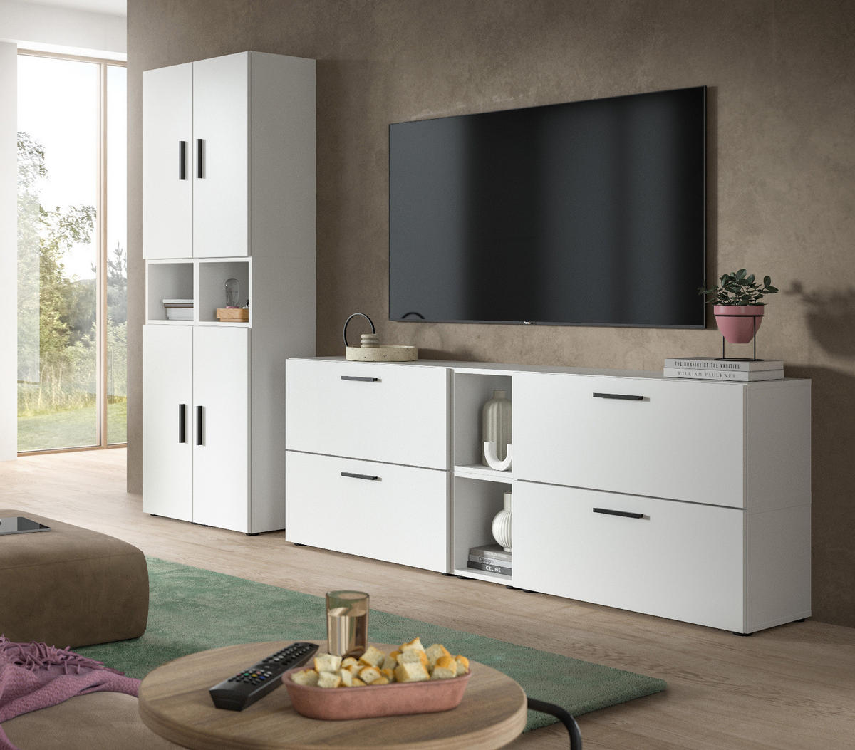 WOHNWAND weiß 256 x 178 cm, Schrankwand mit Soft-Close - Schwarz/Weiß, Holzwerkstoff/Kunststoff (256/151/34cm) - Inn.Furn