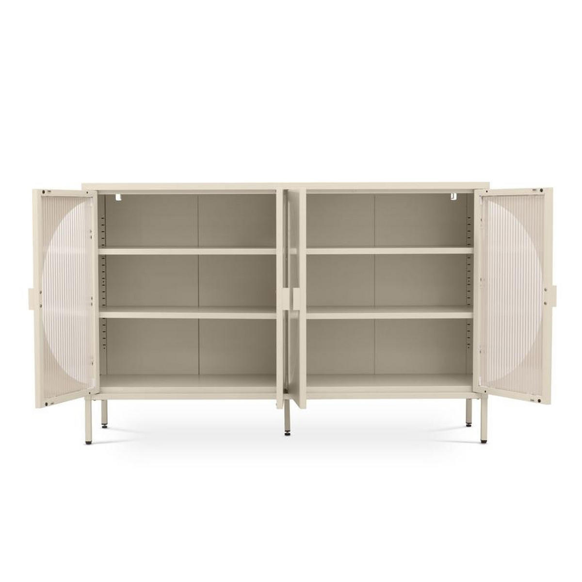 SIDEBOARD Metall 4 Türen Beige und Geriffeltes Glas 140cm ELIO - Beige, Metall (35/90/140cm) - Sicaan