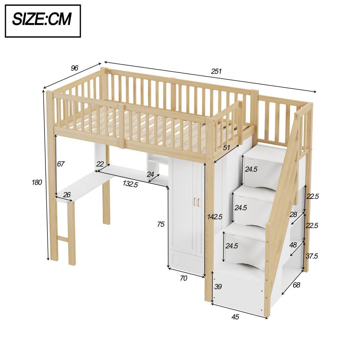HOCHBETT 90/200 cm Naturholz mit Kleiderschrank und Tisch - Naturfarben, Holz (90/200cm) - OKWISH
