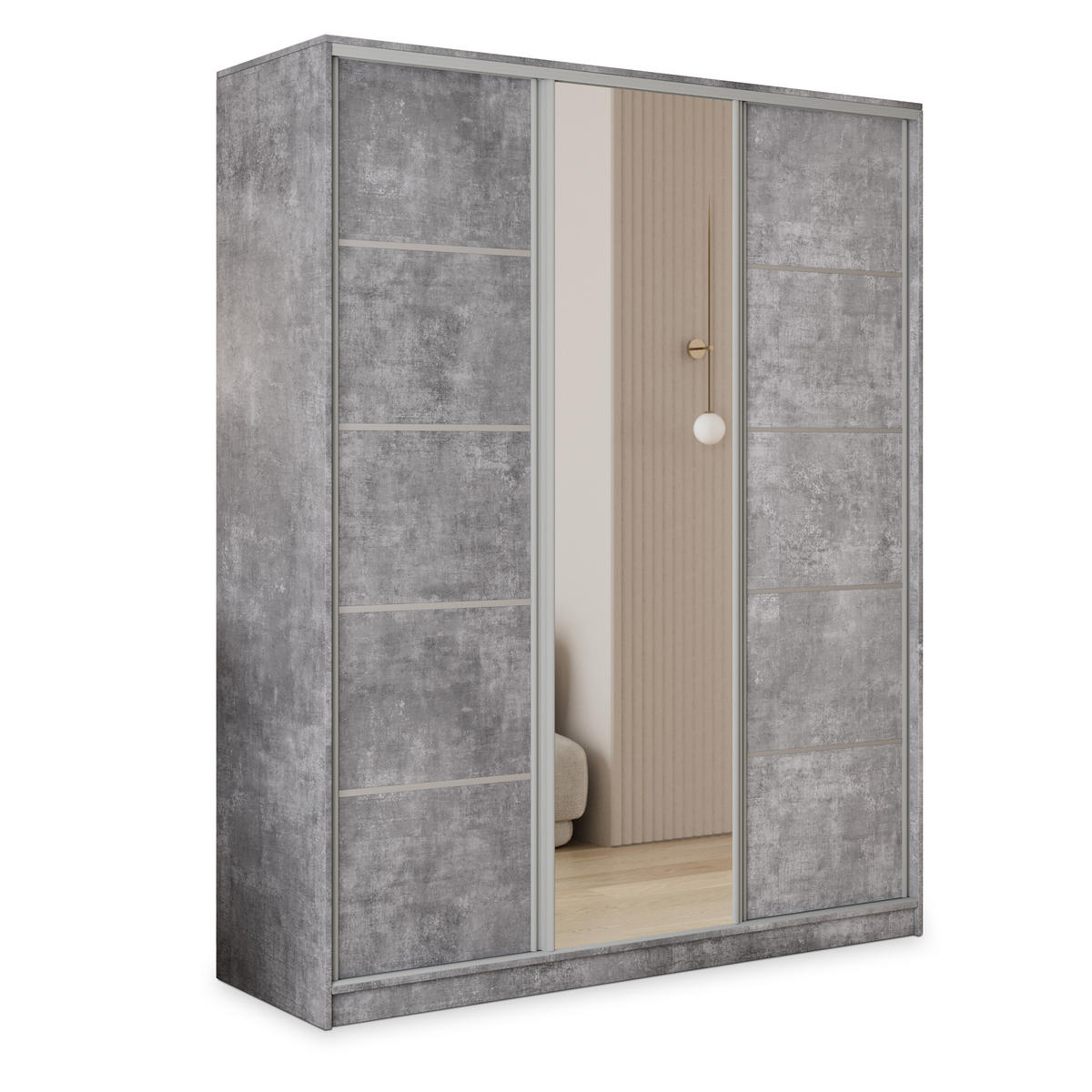 SCHWEBETÜRENSCHRANK PINA 150/205/58 cm 3-türig mit Spiegel und Schubladen Titanfarben - Titanfarben/Silberfarben, Holzwerkstoff (150/205/58cm) - MASSENO