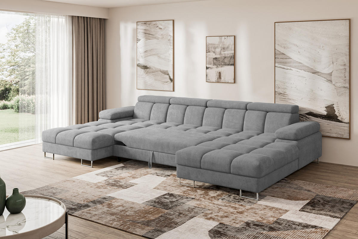WOHNLANDSCHAFT mit Schlaffunktion und Bettkasten COMA U2 345x203x79 Grau Velours - Grau, Holzwerkstoff/Textil (345/79/203cm) - ALTDECOR