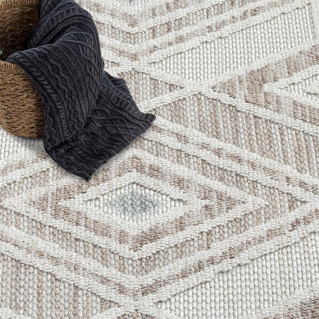 Thumbnail - carpet city Kurzflor-Teppich, Beige, Grün, Textil, Rauten, Rund, 200x200 cm, Oeko-Tex® Standard 100, für Fußbodenheizung...