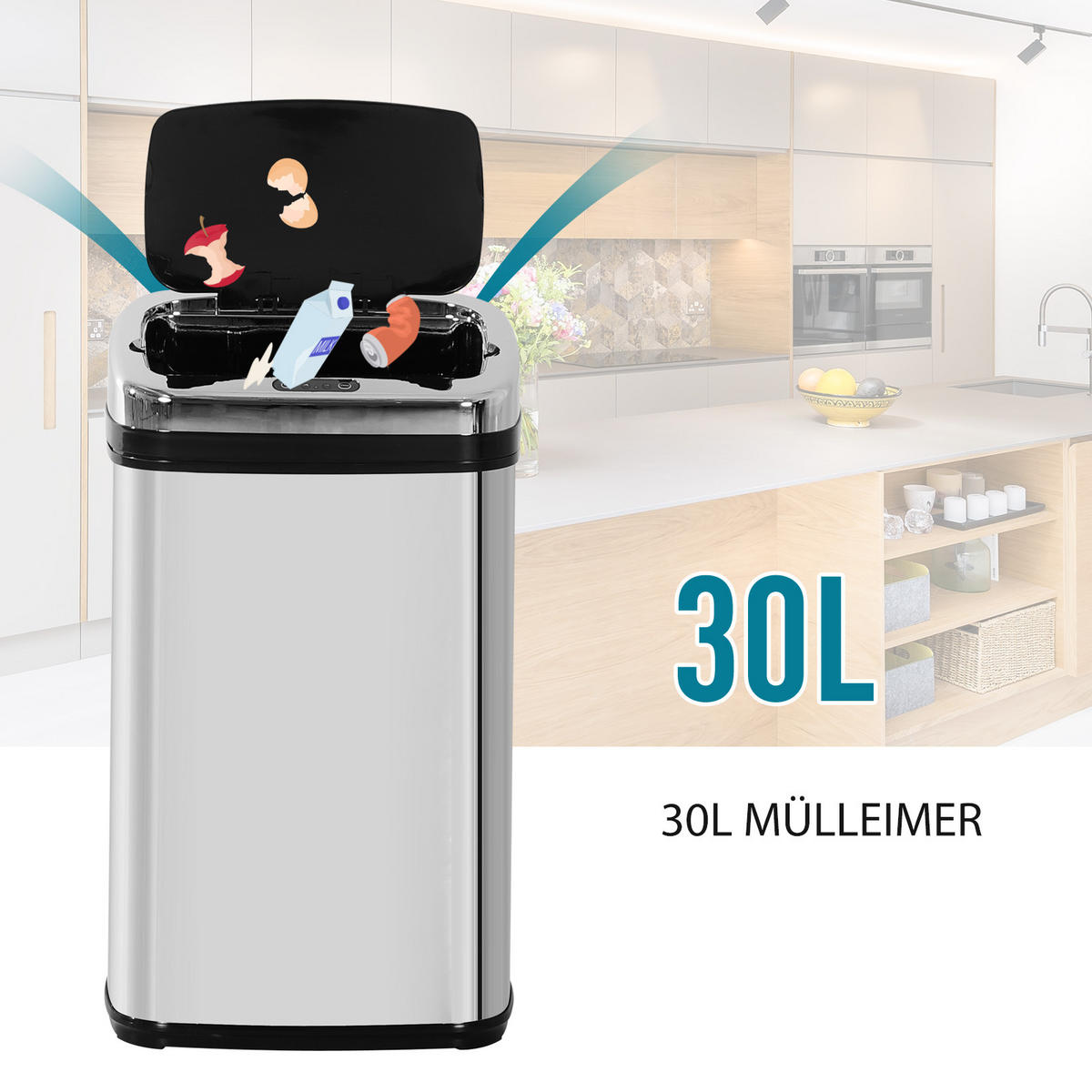 EDELSTAHL Automatik Sensor Mülleimer Abfalleimer IR Sensor viereckig 30L - Multicolor, Kunststoff (25/58/33cm) - HOMCOM