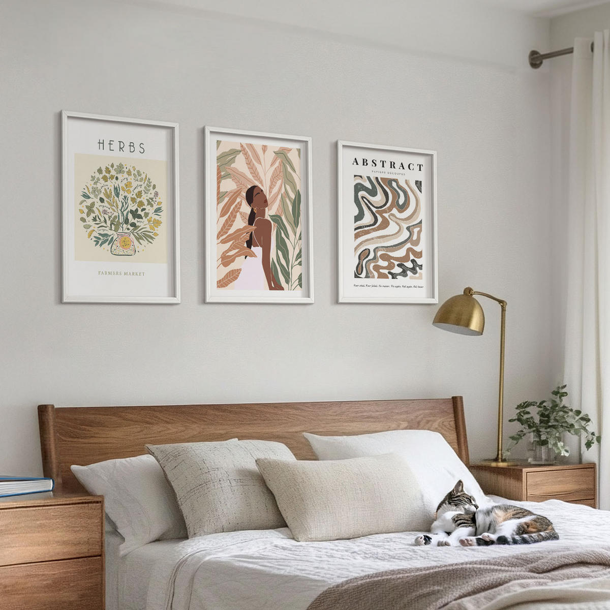 BILDER SET 3er Set - 40x60 cm Weißer Rahmen - Boho-Pastell-Minimalisten-Poster - Weiß, Kunststoff (40/60cm) - TULUP