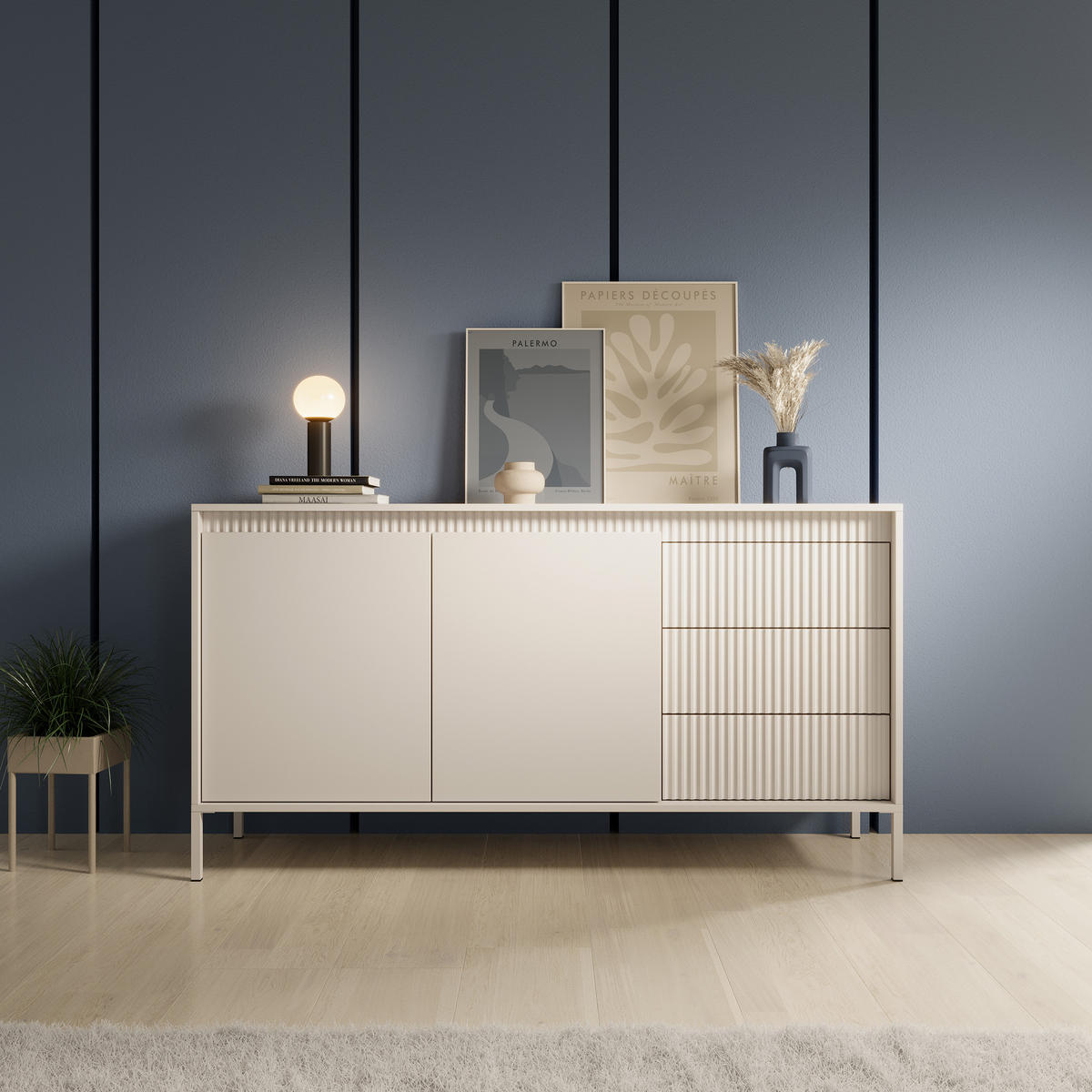 SIDEBOARD SENSATO 154/81/40 cm mit 3 Schubladen und 2 Türen Beige - Beige, Holzwerkstoff (154/81/40cm) - MASSENO