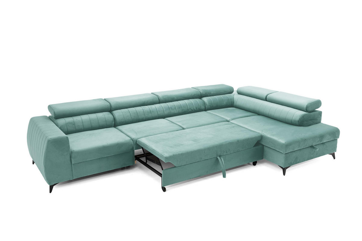 ECKSOFA PIERO MAXI Rechts mit Schlaffunktion 195x125 Velours Türkis - Türkis/Schwarz, Holz/Textil (203/350cm) - Muffo