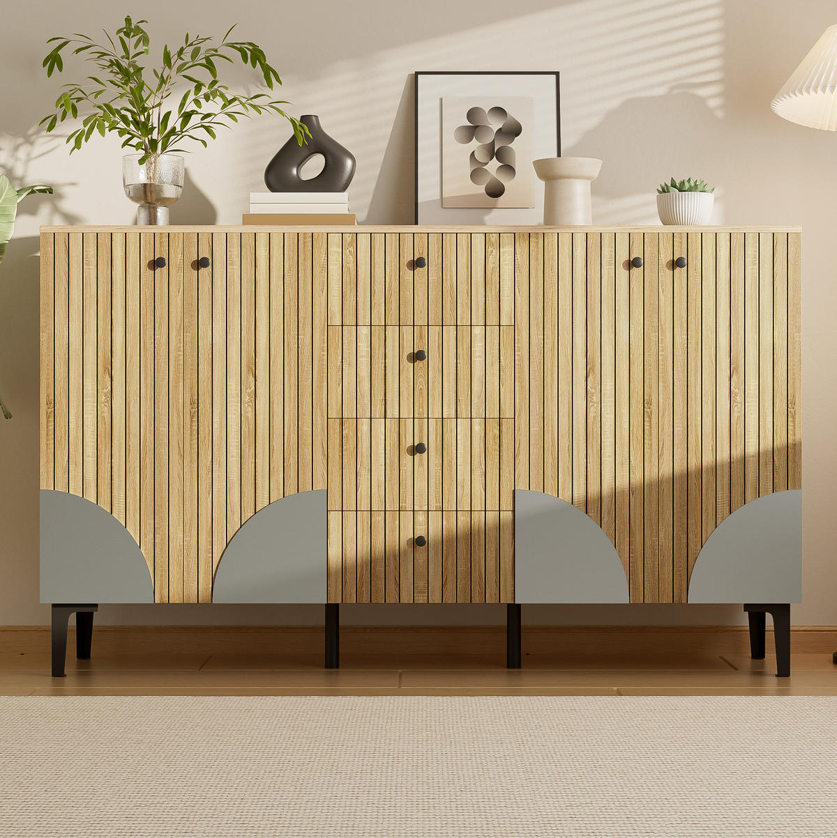 SIDEBOARD aus Holzwerkstoff 160x36x94 cm Holzfarbe mit 4 Türen und 4 Schubladen, vielseitiger Stauraum - Eichefarben, Holzwerkstoff (160/94/36cm) - Modfu