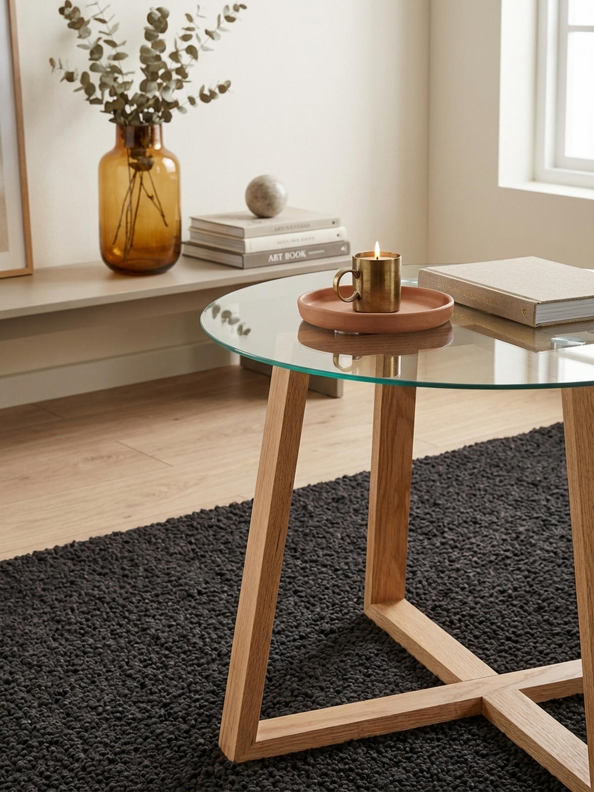 COUCHTISCH Eiche massiv mit Glasplatte, modernes Design, überkreuztes Gestell - Braun, Glas/Eichenholz (58/58/47cm) - KADIMA DESIGN