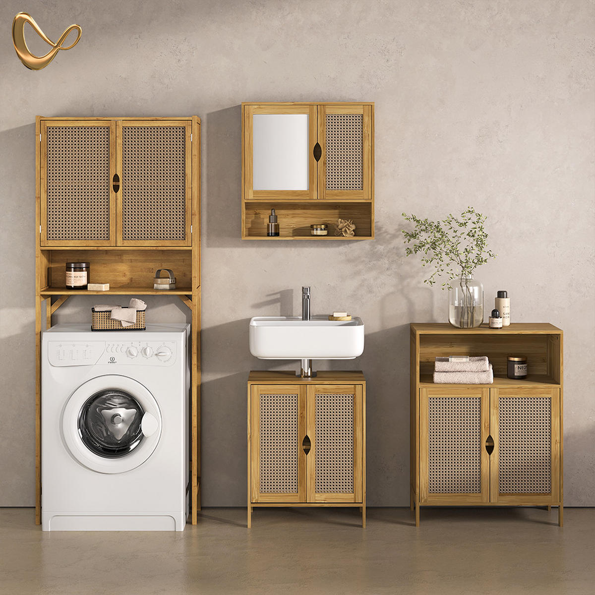 OMARICA ZA PRALNI STROJ Mincio, Bambus, 66 x 168 cm z 2 vrati - naravne barve, leseni material (66/168/25cm) - Livinity®