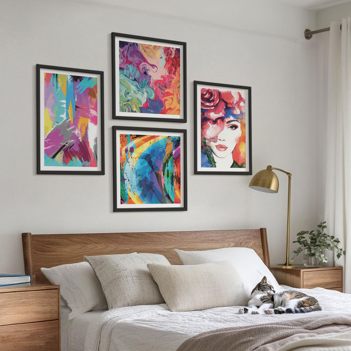WANDBILDER 4er-Set - 50x50 cm & 40x60 cm Schwarzer Rahmen - Farbenfrohes abstraktes Porträt - Schwarz, Kunststoff (50/50cm) - ArtPrintCave