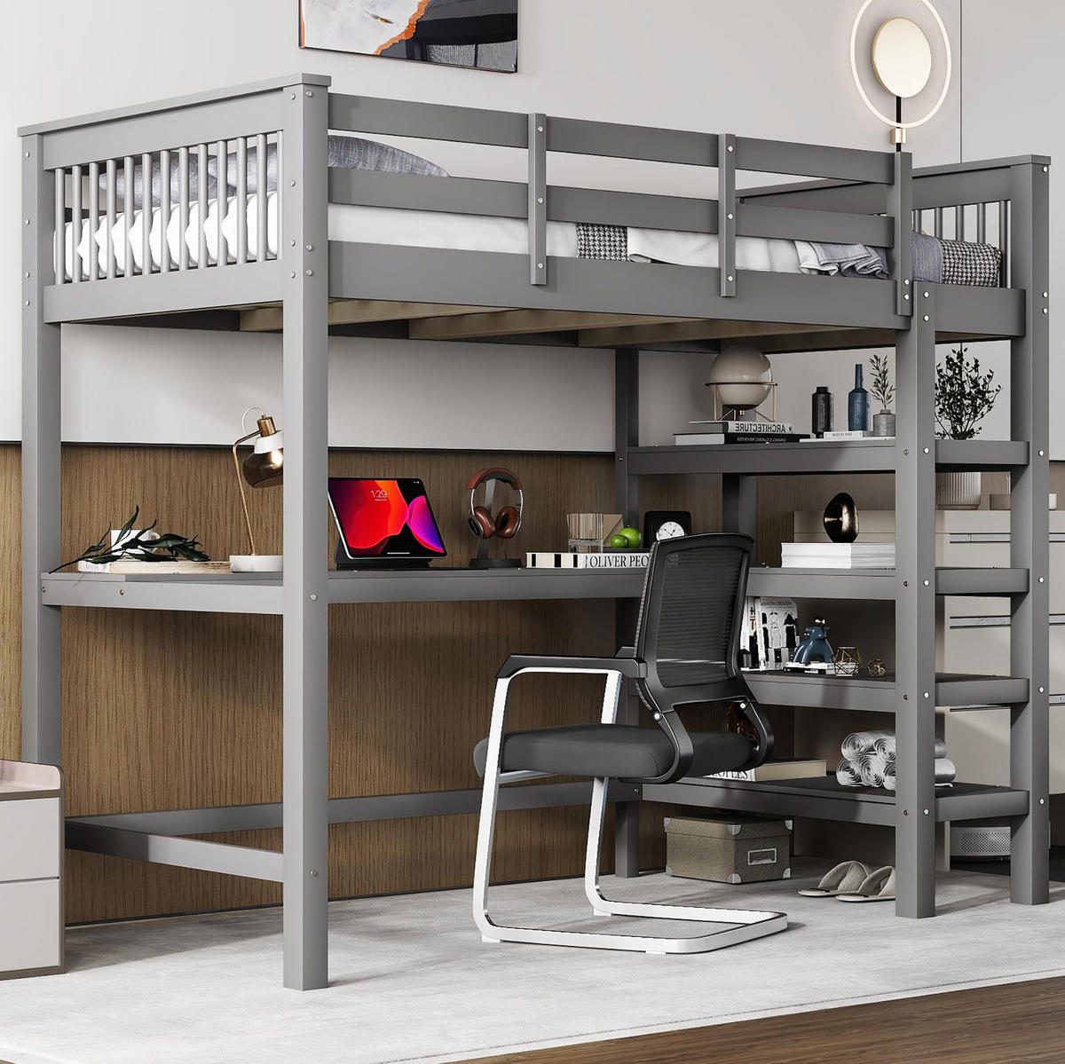 HOCHBETT 90/200 cm mit Schreibtisch, Ablagefächern und sicherem Geländer, Grau - Grau, Holzwerkstoff (90/200cm) - Redom