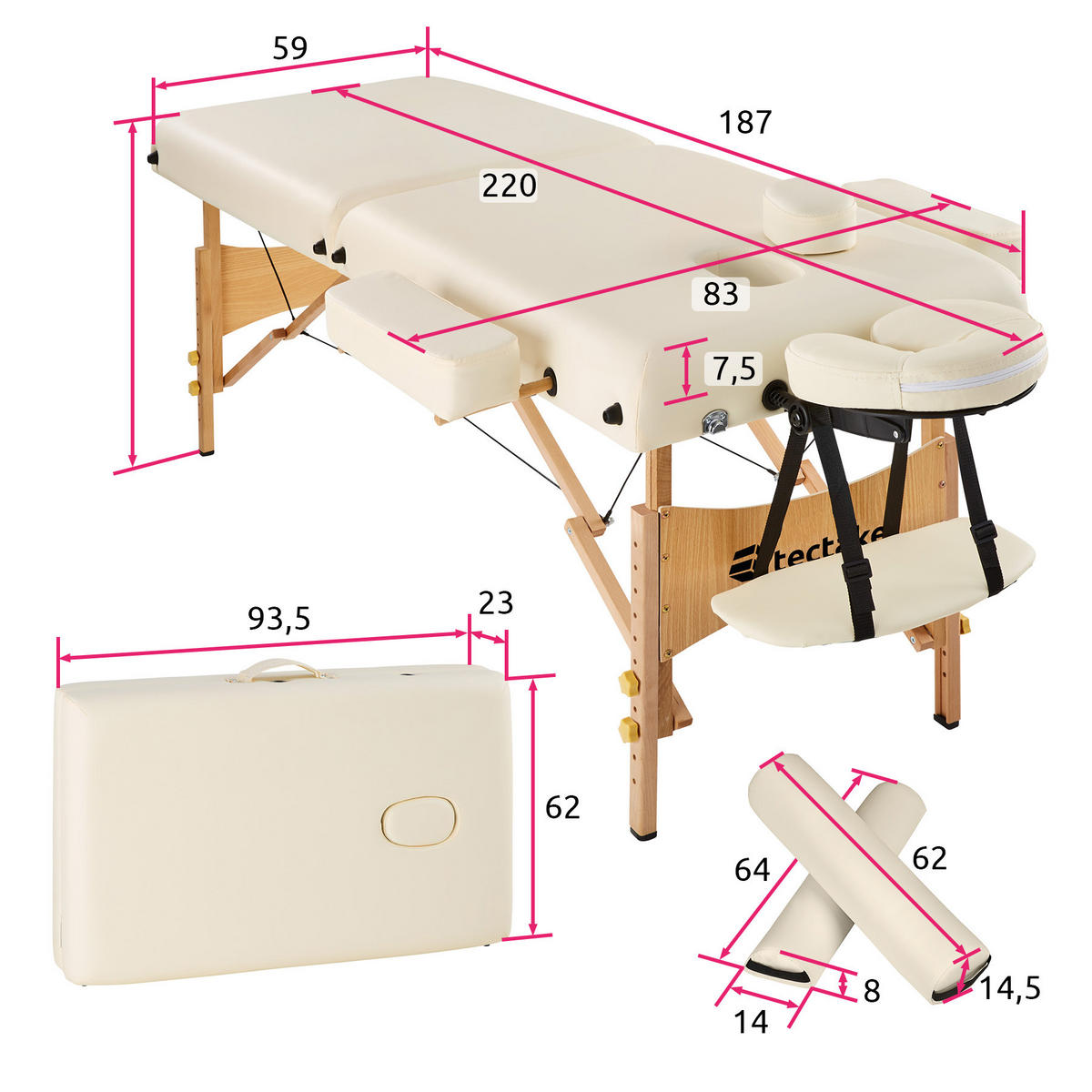 MASSAGELIEGE 2 Zonen, 220 x 83 x 87,5 cm,beige - Beige, Holz (59/65.5/187cm) - tectake