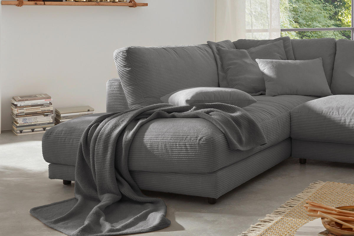 ECKSOFA MADELINE Grau Cord - Schwarz/Grau, Kunststoff/Textil (325/224cm) - KAWOLA