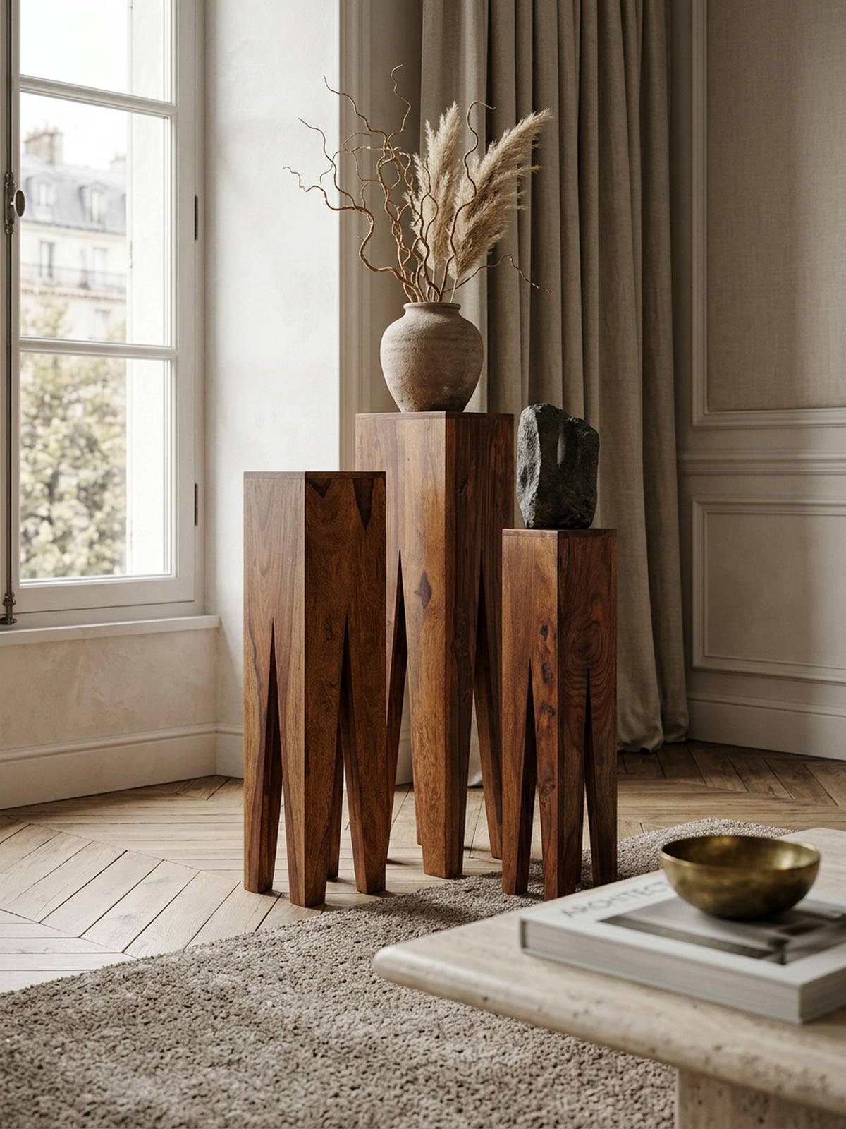 BEISTELLTISCH 3er Set Massivholz Handgefertigt Giraffenbeine, Braun 25x25x100 cm - Braun, Holz (25/25/100cm) - KADIMA DESIGN