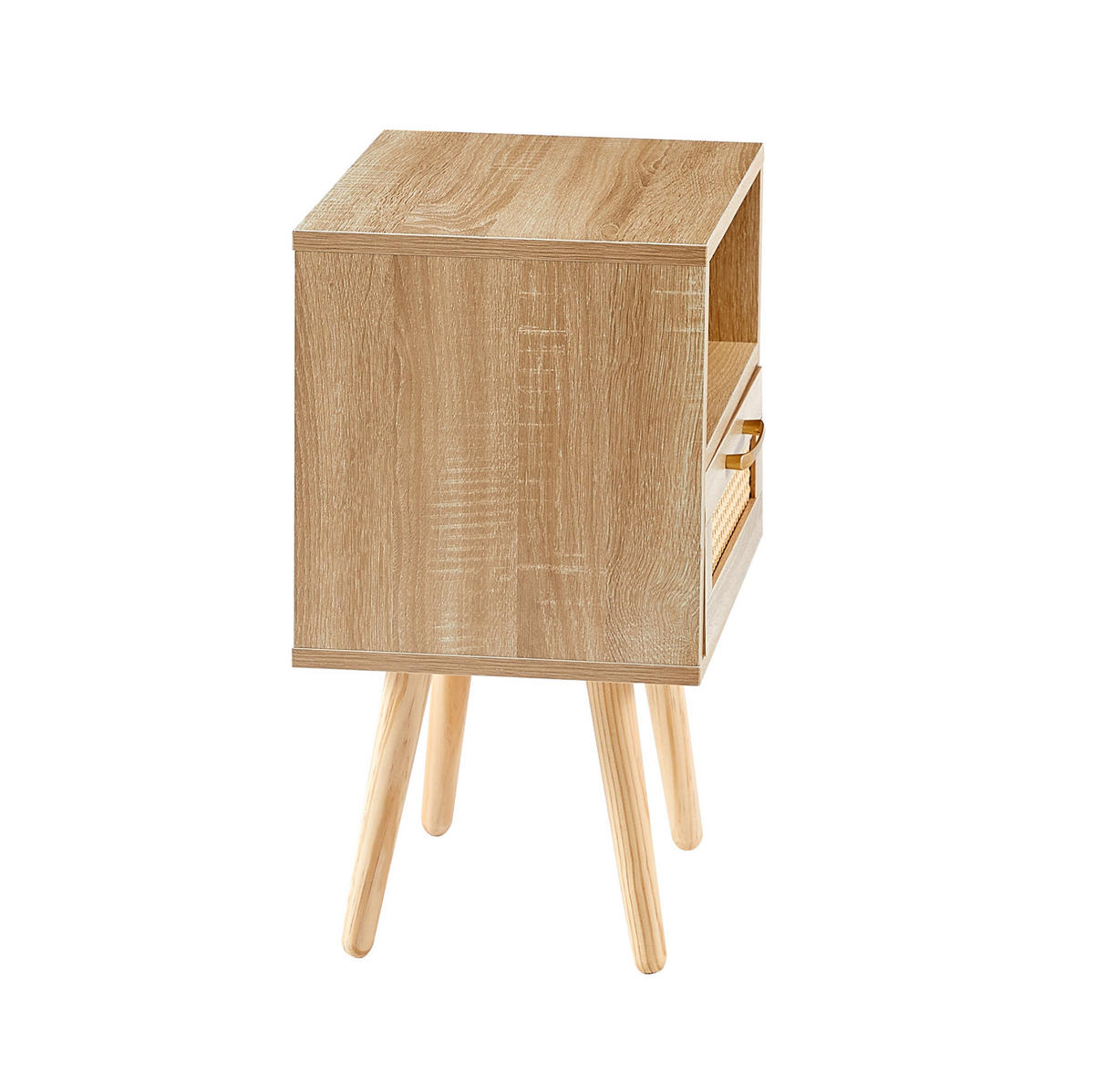 NOČNÍ stolek 30/40/55 cm se zásuvkou, ratanovým dekorem, z MDF a s nohami z masivního dřeva, Přírodní - přírodní, kompozitní dřevo (40/55/30cm) - Redom