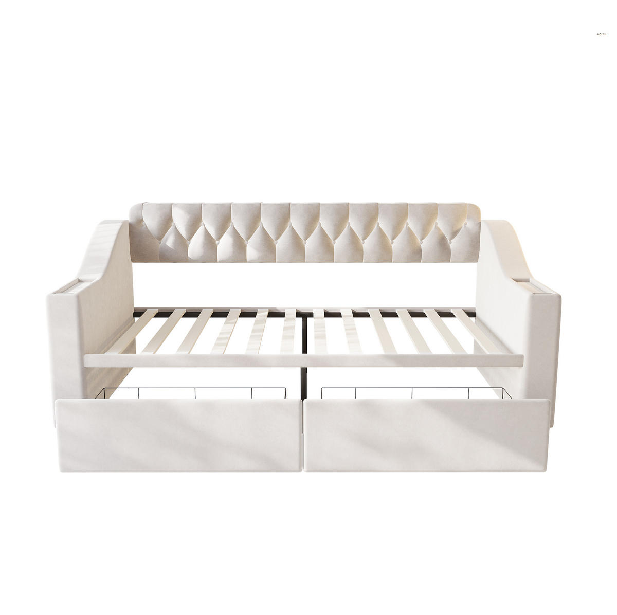 POLSTERBETT 90/190 cm aus Samt mit Stauraum und USB- und Type-C-Anschlüssen - Beige, Textil (90/190cm) - Flora Grace