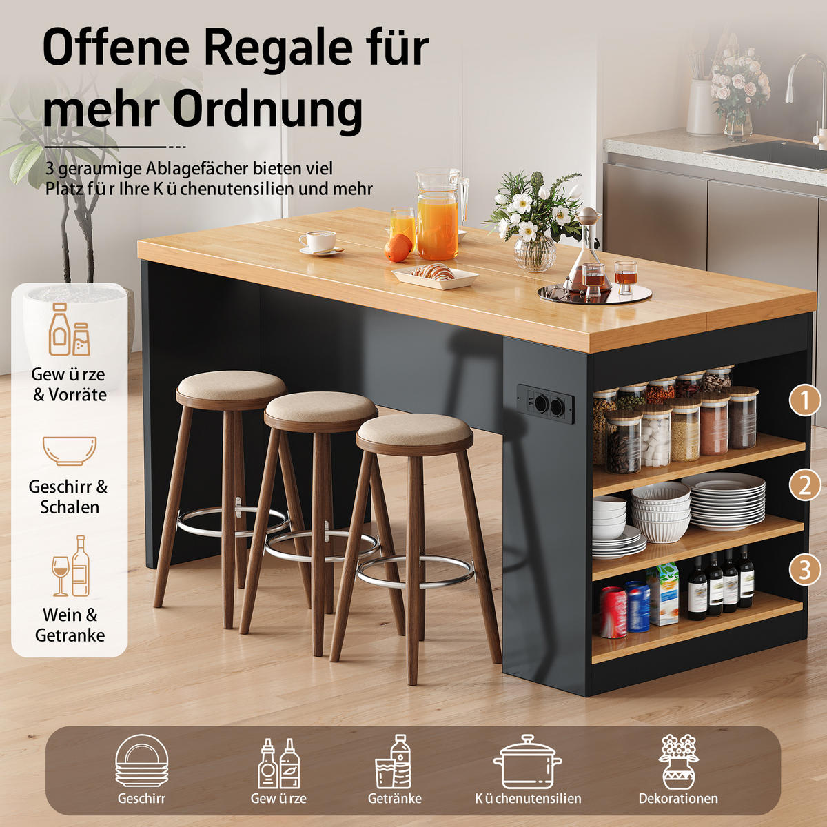 KUCHYŇSKÝ OSTRŮVEK v černé barvě s LED osvětlením a zásuvkou do kuchyně a jídelny, 155×80×90 cm - přírodní/černá, kompozitní dřevo (155/90/80cm) - STILVORA