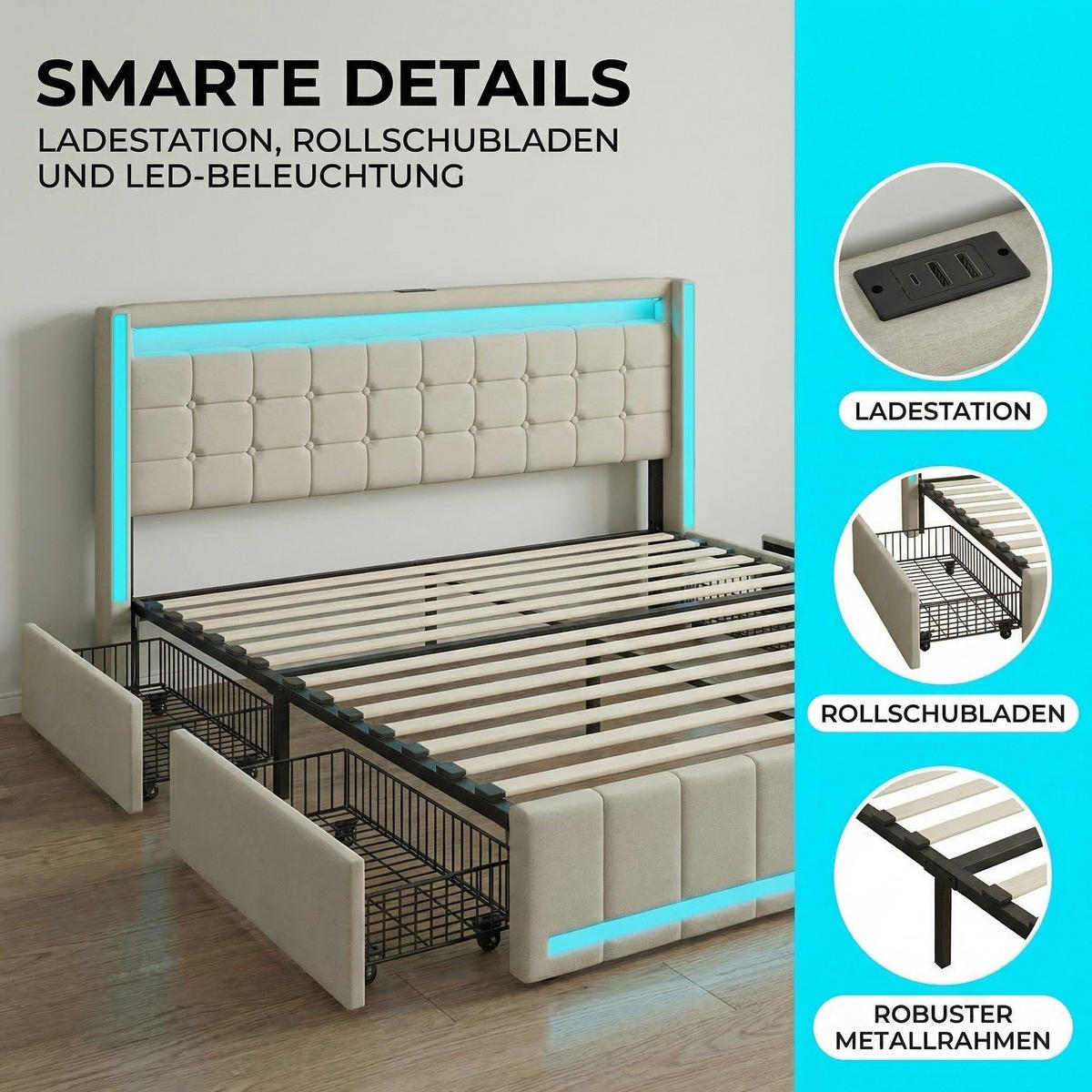 POLSTERBETT 180/200 cm beige mit Schubladen, LED und USB - Beige, Holz - SHOPENTRA