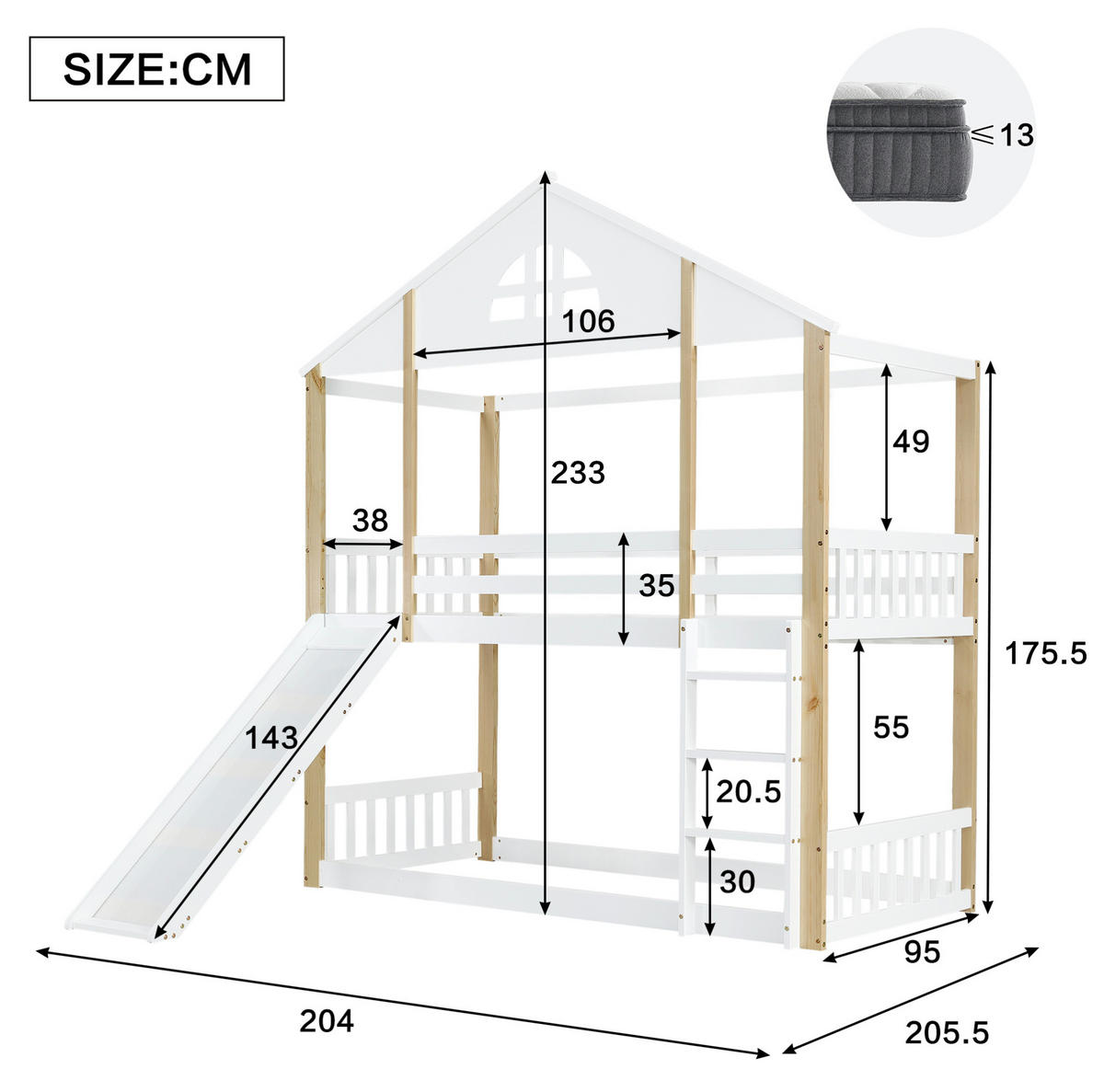 ETAGENBETT aus Kiefernholz und MDF 90x200 cm Weiß/Natur mit Rutsche und Treppe - Weiß, Holzwerkstoff (90/200cm) - IVMEU