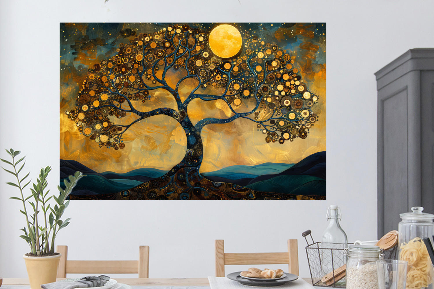 WANDTATTOO Baum - Mond - Blumen - Gold - Kunst 120x80 cm - Orange, Kunststoff (120/80/0.1cm) - MuchoWow