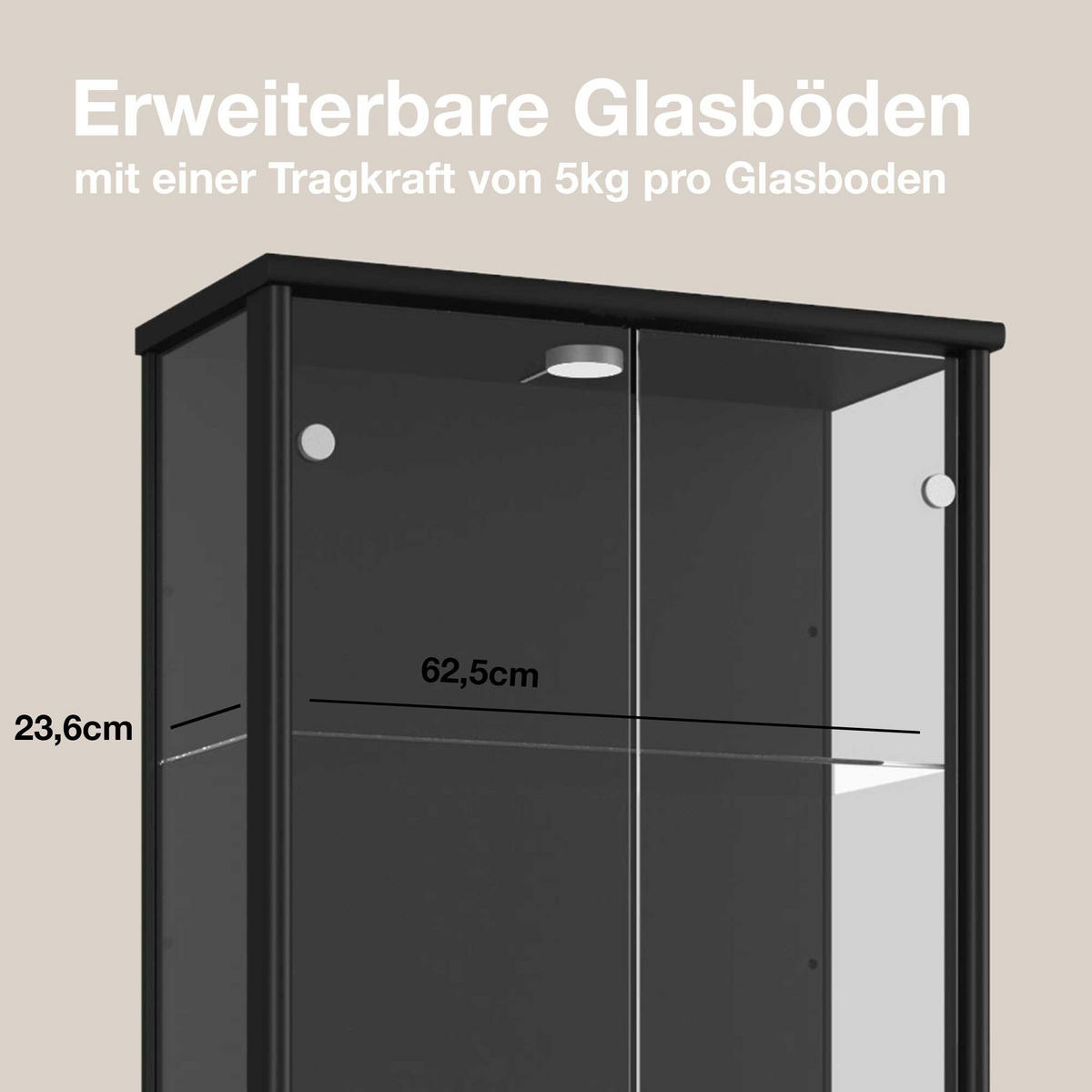 GLASVITRINE 33/67/176 cm mit LED & 4 höhenverstellbaren Glasböden - Transparent/Silberfarben, Glas/Holzwerkstoff (67/176/33cm) - K-Möbel