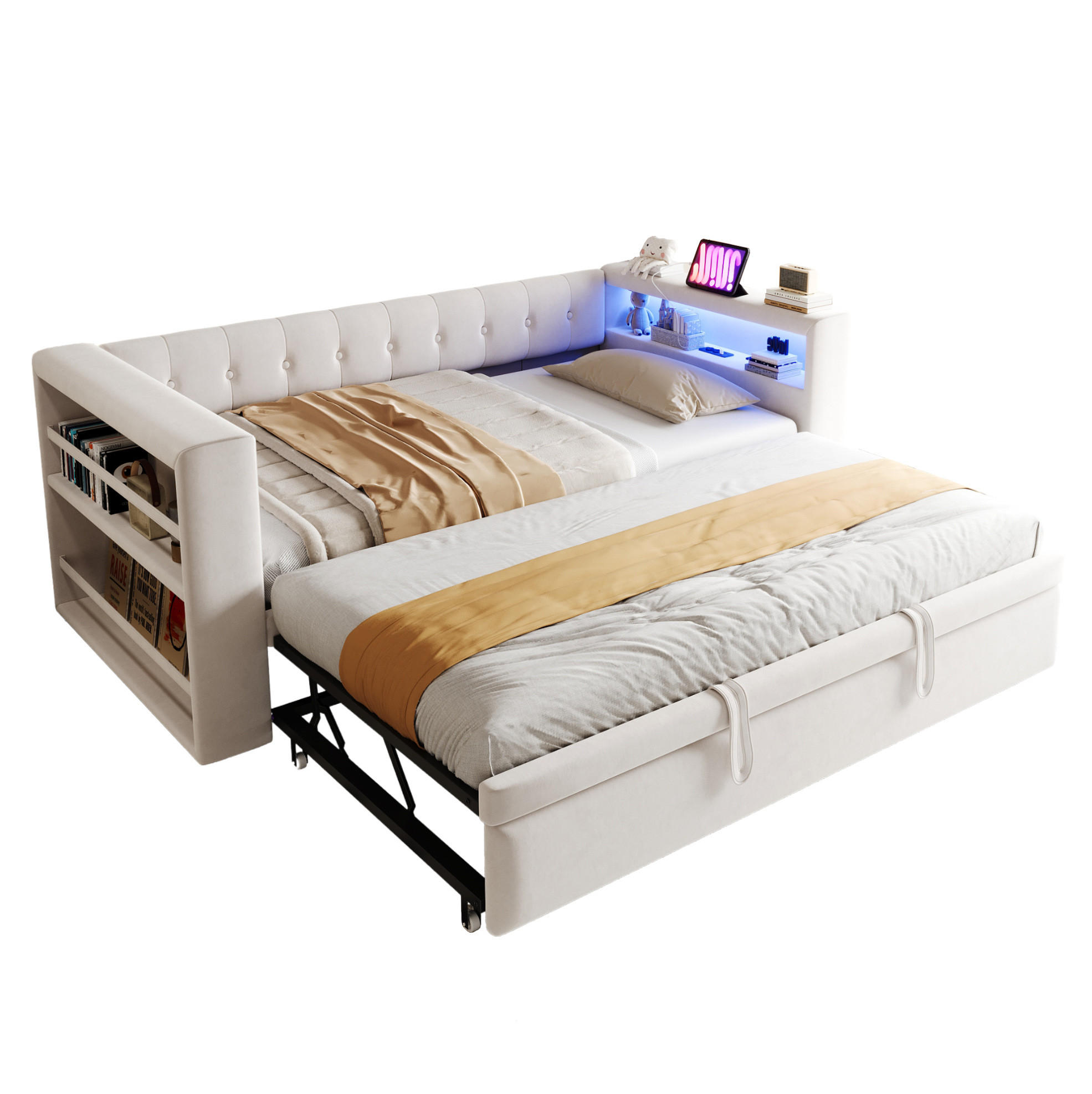 POLSTERBETT 90/190 cm Beige aus Flannelette mit LED, Steckdose und Stauraum - Beige, Holzwerkstoff (90/190cm) - OKWISH