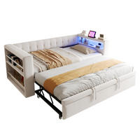 POLOHOVACÍ pohovka 90/180 × 190 cm béžová z flanelu s LED osvětlením, zásuvkami a úložným prostorem - béžová, kompozitní dřevo (90/190cm) - OKWISH
