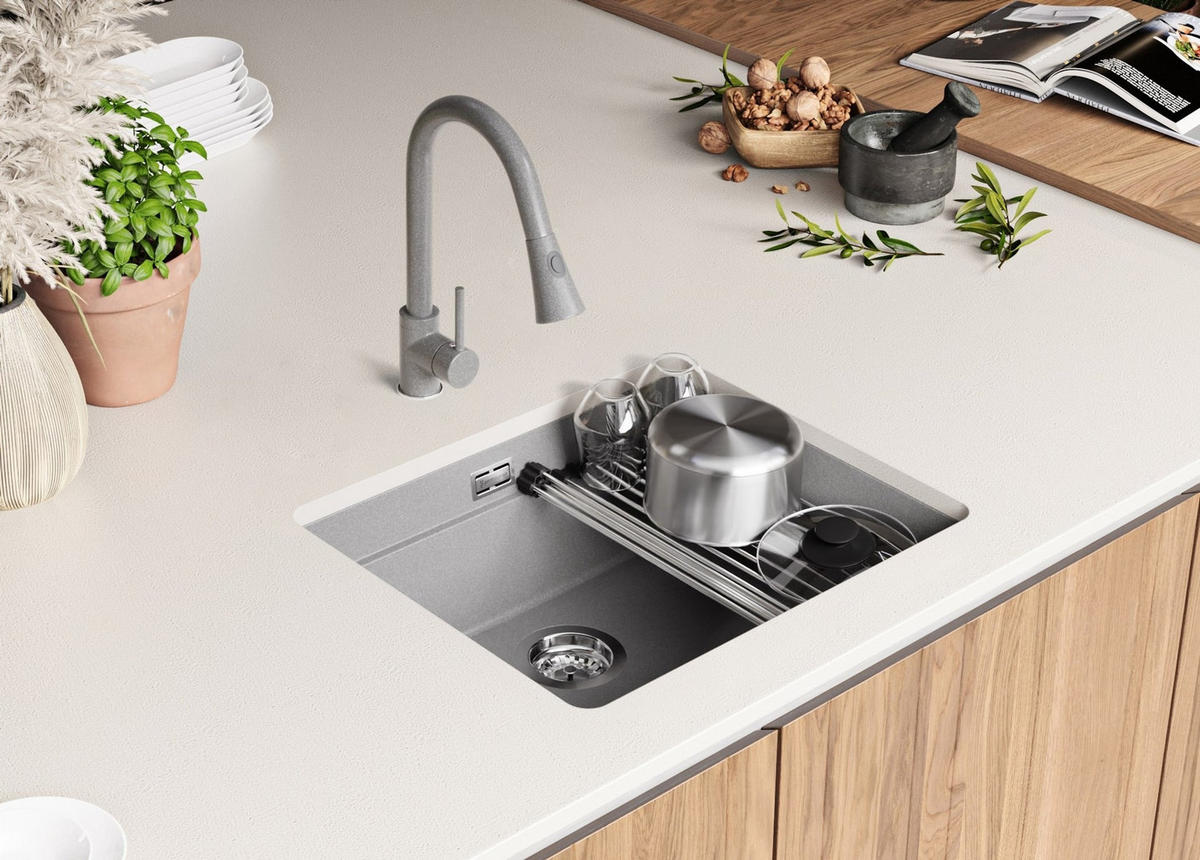 UNTERBAUSPÜLE GRANIT Praga, 2-er set Grau 56/47 cm 1 Becken + Ablauf-Set + Aufrollbare Abtropffläche ab 60er Unterschrank - Chromfarben/Grau, Kunststoff (56/20/47cm) - Primagran