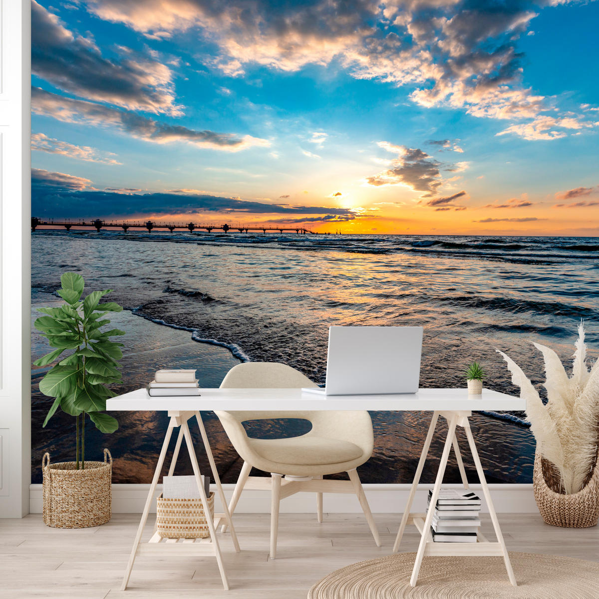 FOTOTAPETE für Wohnzimmer Sonnenuntergang Pier Romantik Meer 400x280 - Blau/Gelb, Papier (400/280cm) - Muralo