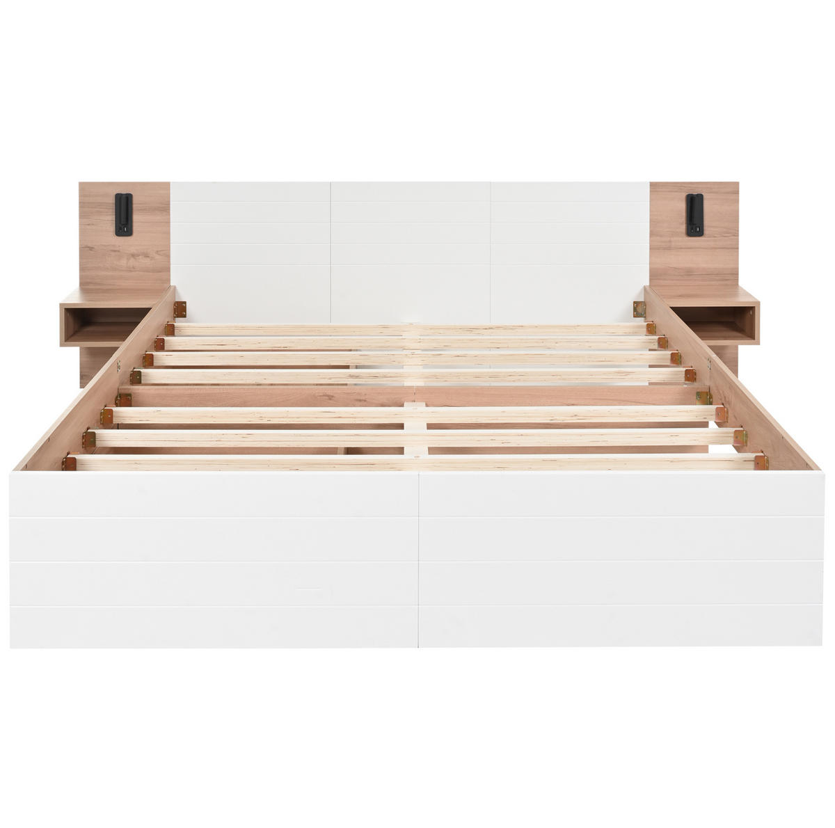 BETT 160/200 cm mit 2 Schubladen, Leselicht & USB, Massivholz/MDF, Weiß/Eiche - Weiß, Holzwerkstoff (160/200cm) - Redom