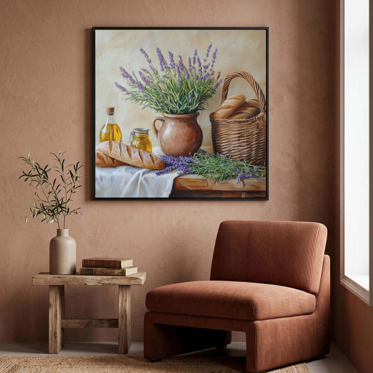 LEINWAND Bilder mit Rahmen - Lavendel - Brot - Stilleben - 90x90 - Flieder, Textil (90/90cm) - MuchoWow