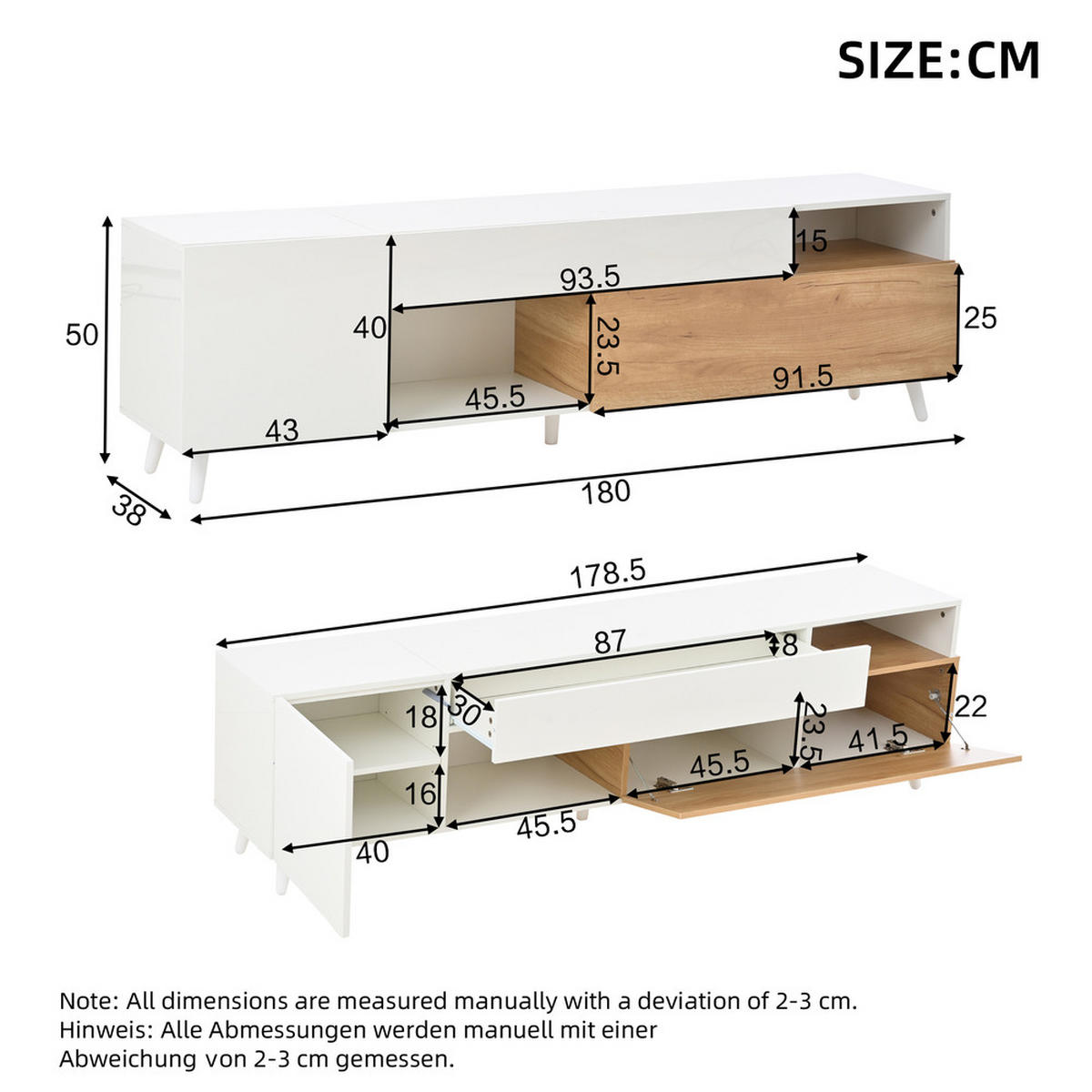 TV-SCHRANK 180x38cm Lowboard Hochglanz 1 Schublade 7 Fächer bis 75 Zoll - Weiß, Holz (52.98/22.99/56.01cm) - FLIEKS