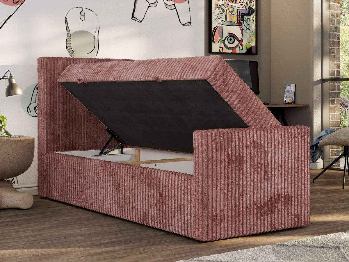 JUGENDBETT TILIO DUO 90/200 - Rosa Cord - H4 - Links Seite - Rosa, Textil (90/200cm) - MKS