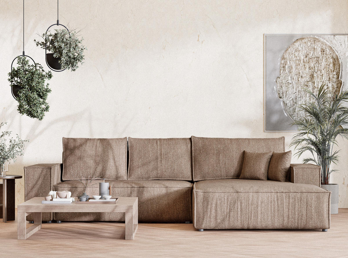 ECKSOFA MIT SCHLAFFUNKTION Maze Hellbraun Webstoff - Hellbraun/Schwarz, Holz/Holzwerkstoff (294/185cm) - Maison de Reve
