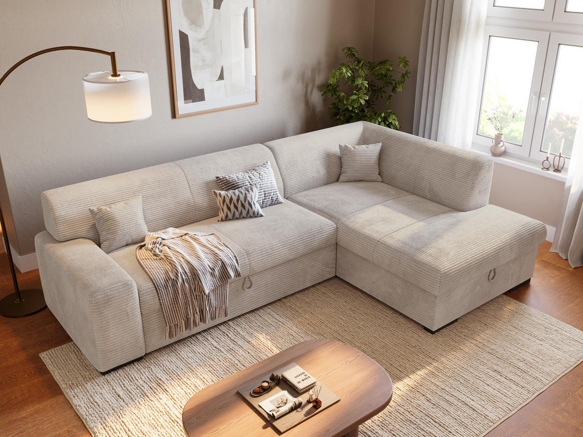 ECKSOFA mit Schlaffunktion Cordstoff MILENZO Vanille Rechts - Creme, Holz (260/175cm) - Bromarkt