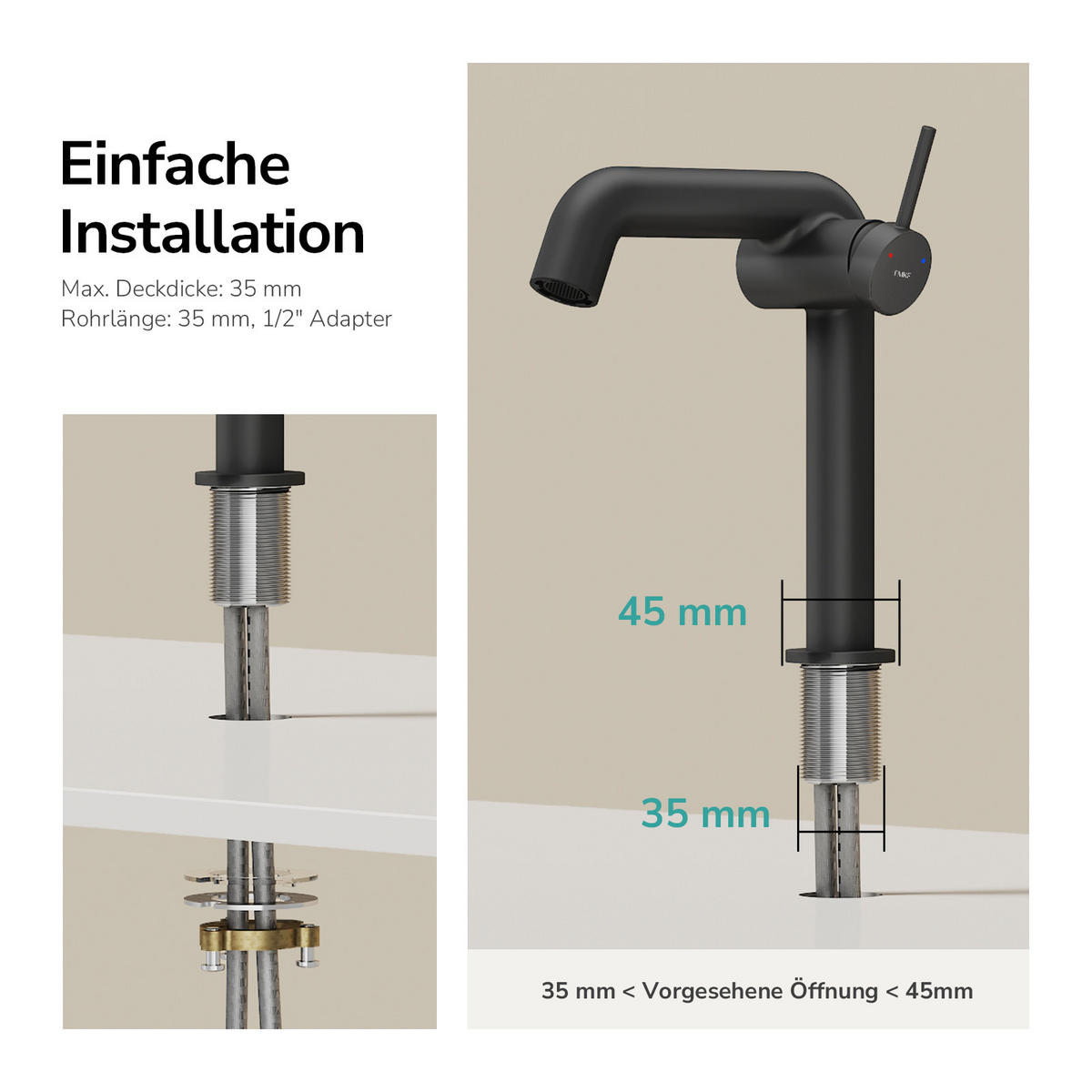WASCHTISCHARMATUR Ventilkernzertifizierung Schwarz Matt 15cm - Schwarz, Metall (20/7.6/22.2cm) - EMKE