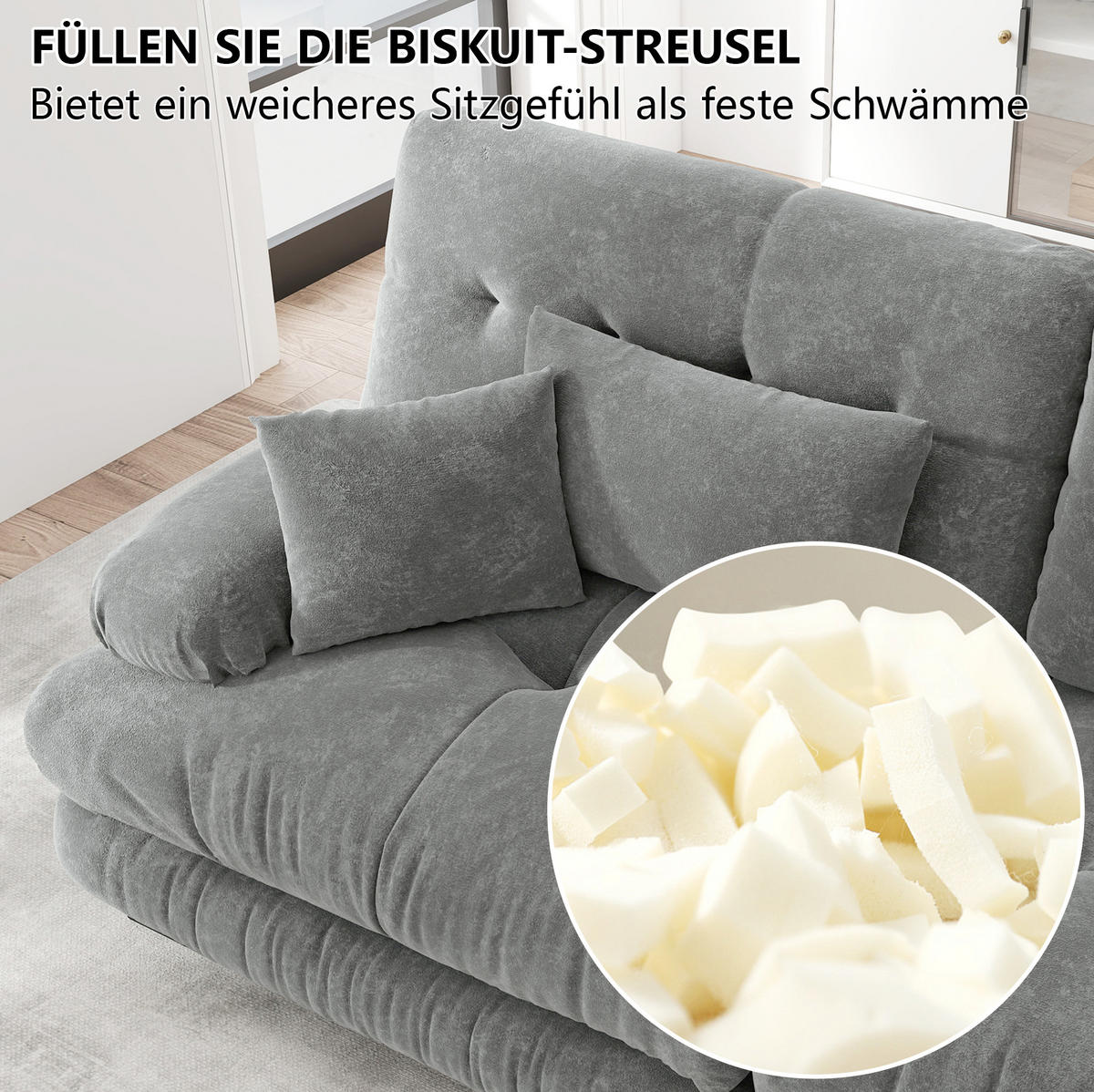 SOFA in Grau mit Tiefensitz und Chenillebezug - Grau, Textil (77/81/313cm) - Flora Grace