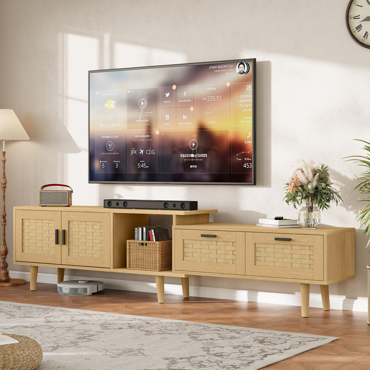 TV-SCHRANK ausziehbar, helles Eichenholz, Türen geflochten, geräumig, modern - Eichefarben, Holz (169/44/29.8cm) - EuroLiving
