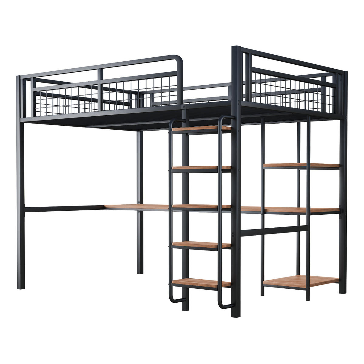 HOCHBETT 140/200 cm Schwarz aus Metall mit Schreibtisch und Regal - Schwarz, Metall (140/200cm) - OKMYHOME