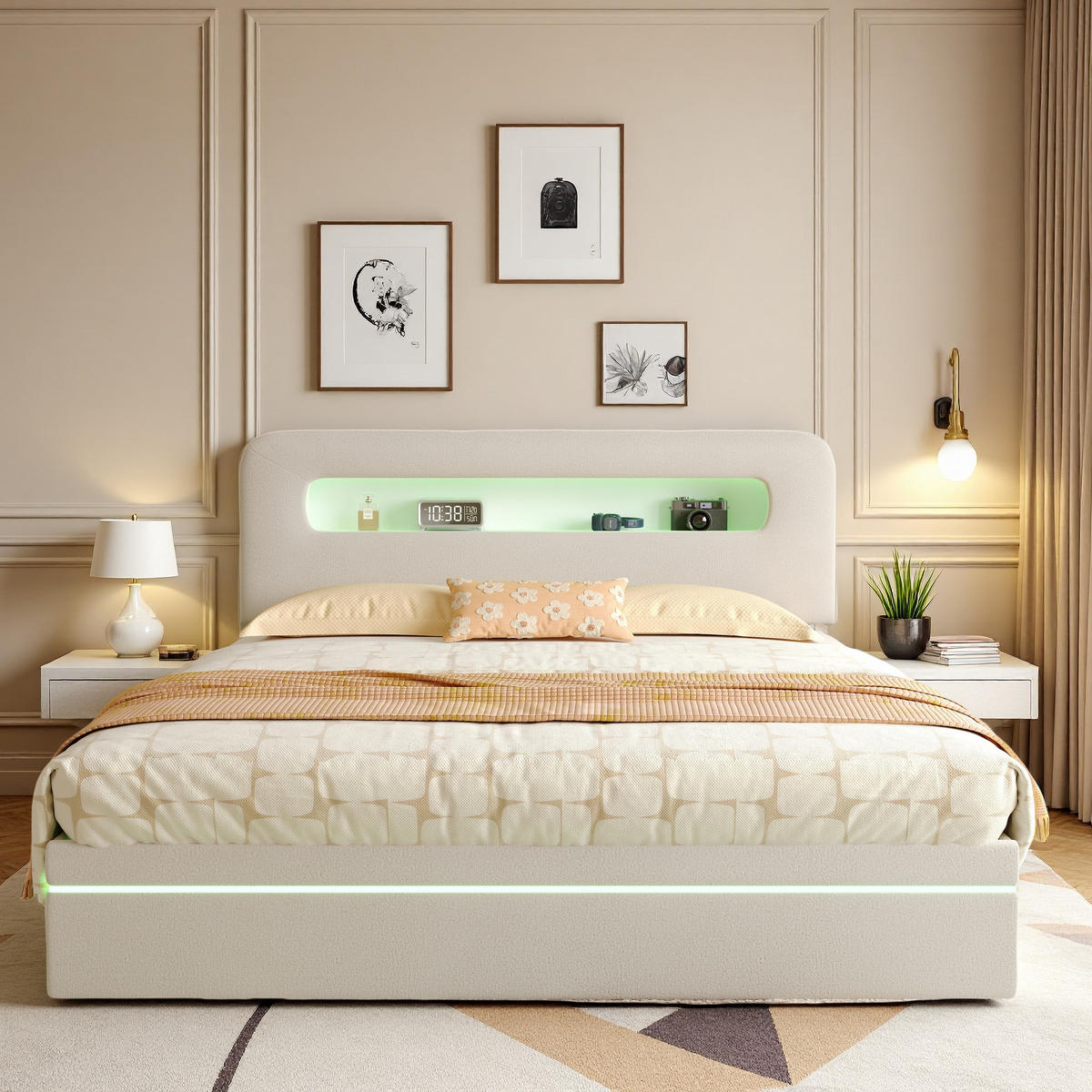 POLSTERBETT 160x200 cm LED Stauraum Lattenrost Ablagefach Samt beige - Weiß, Holz (160/200cm) - LEBENLANG