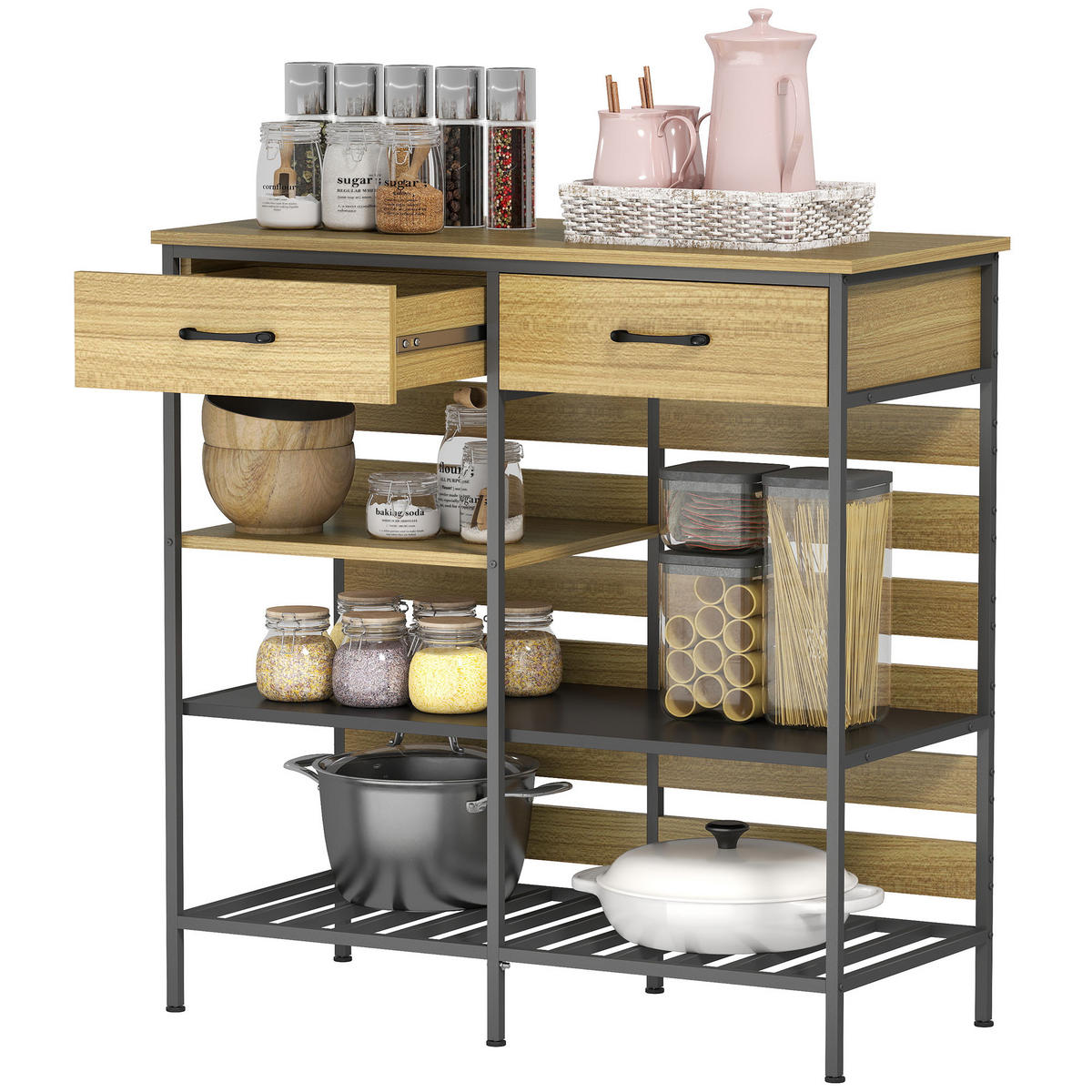 SIDEBOARD DE-11223 2 Schubladen & 3 offene Fächer Naturholz/Schwarz - Naturfarben, Holzwerkstoff (90/91/40cm) - ComfortXL