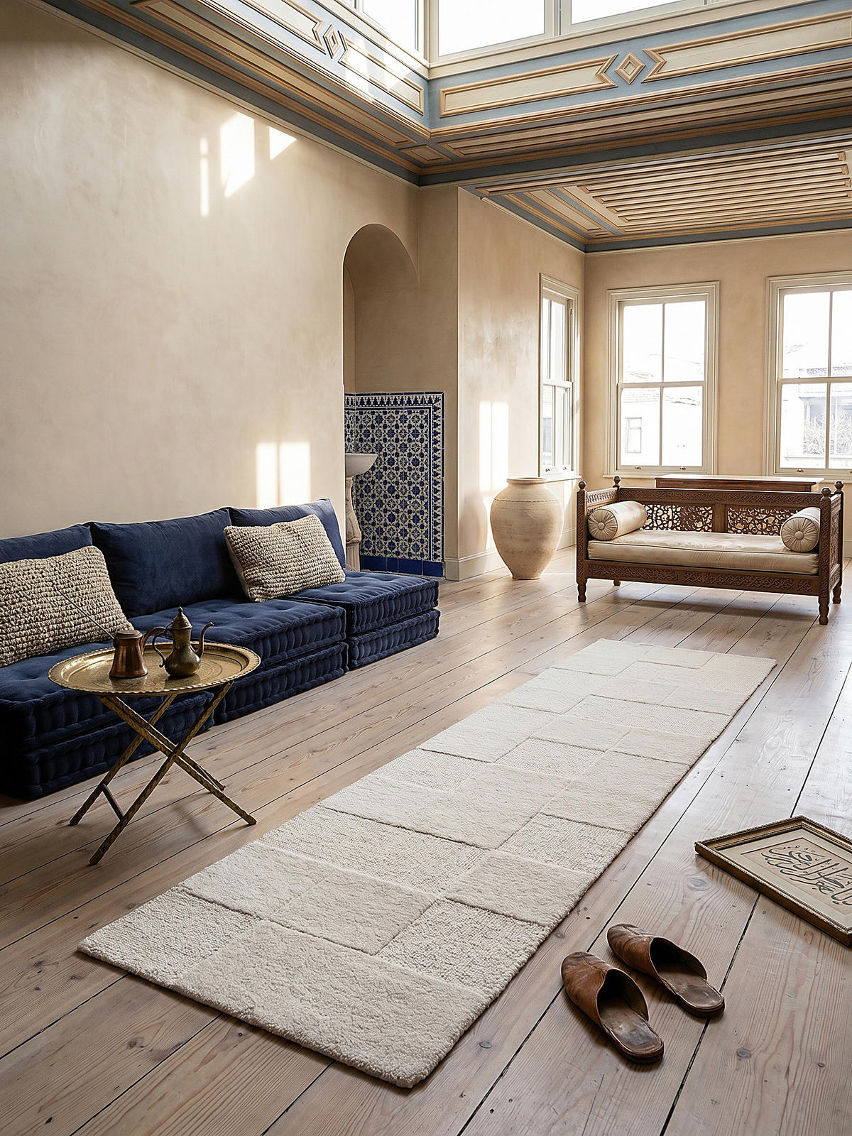 TEPPICH aus Wolle DEBEN in Elfenbein, mit Schachbrettmuster, 60 x 230 cm - Beige, Textil (60/230cm) - KADIMA DESIGN