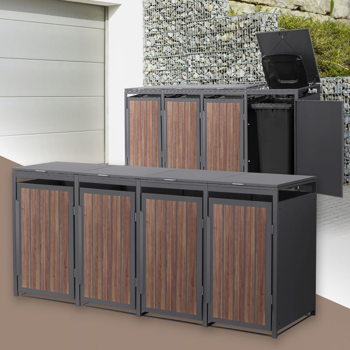 MÜLLTONNENBOX 4er 240L 260x80x120 cm Anthrazit-Eiche dunkel aus Stahl - Dunkelbraun, Metall (80/120/260cm) - ML-DESIGN