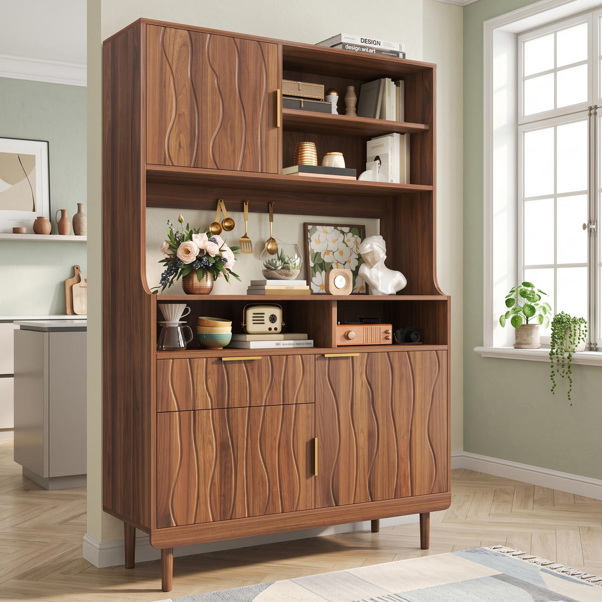 KÜCHENSCHRANK Walnuss mit Wellenstruktur, offenen Regalen & Schublade - Walnussfarben, Holzwerkstoff (100/170/32cm) - Urban Meuble