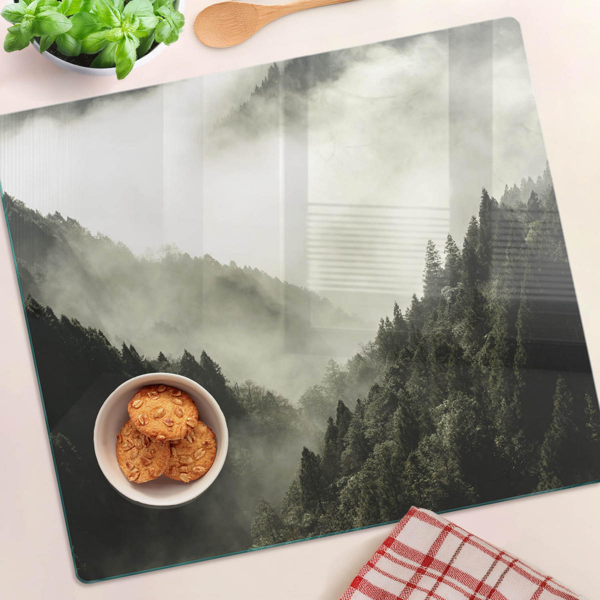 GLASPLATTE 60x52 cm Nebel über dem Wald - Schwarz, Glas (60/0.4/52cm) - TULUP