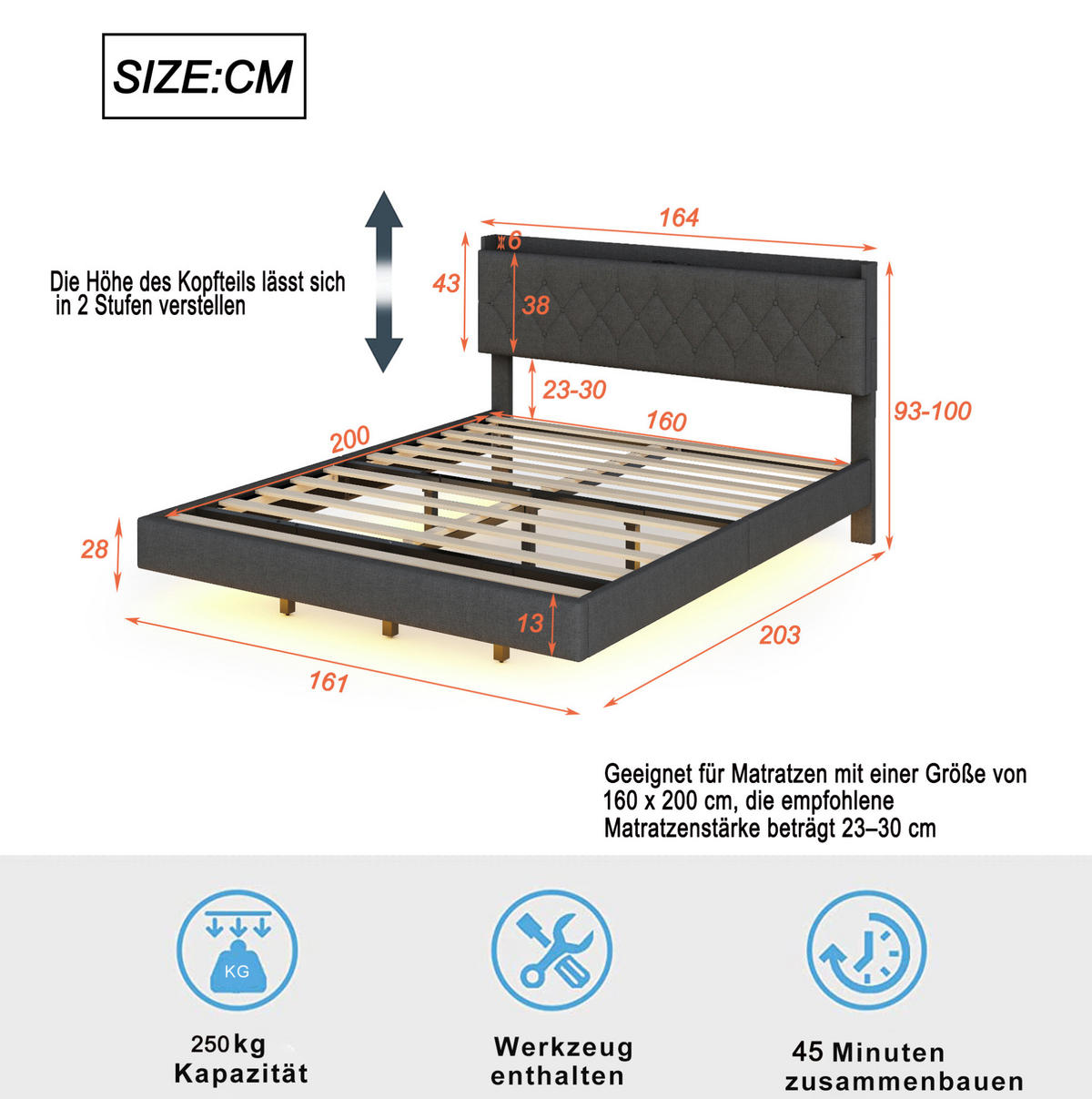 ČALOUNĚNÁ postel 160/200 cm šedá s LED osvětlením, USB a úložným prostorem - šedá, textil (160/200cm) - BEAOK