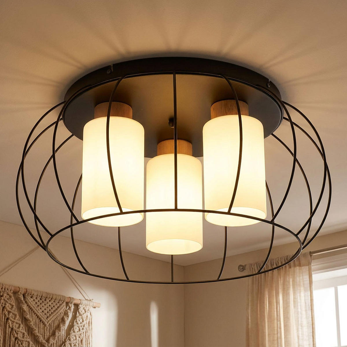 DECKENLEUCHTE ROWENA LED Metall Schwarz matt, Eiche - Schwarz, Holz (50/50/25cm) - Globo Lighting