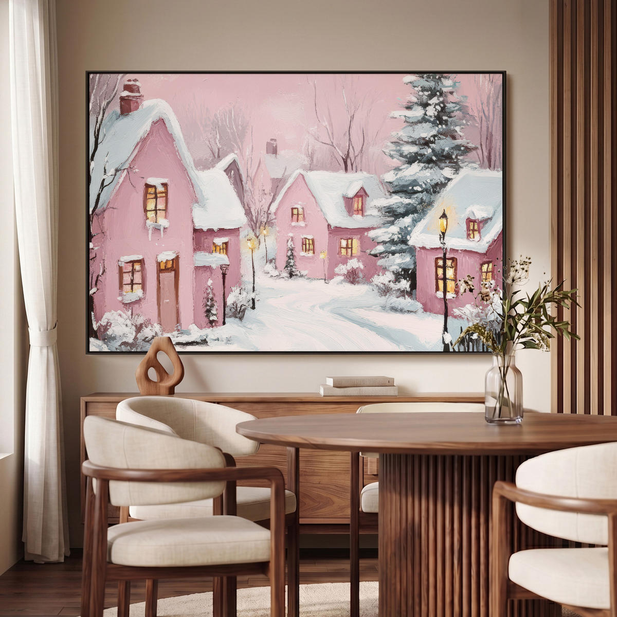 LEINWAND Bilder mit Rahmen - Weihnachtsdorf - Rosa - Winter - Schnee - Häuser - 120x80 - Altrosa, Textil (120/80cm) - MuchoWow