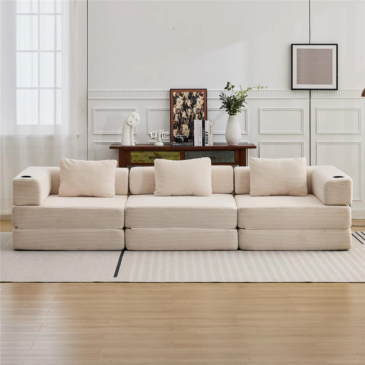 SCHLAFSOFA Cord 3-Sitzer mit Getränkehaltern und Schlaffunktion - Beige, Textil (300/63/100cm) - Kaket